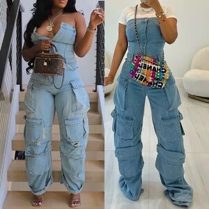 Light Denim Cargo Jumpsuit STRETCH